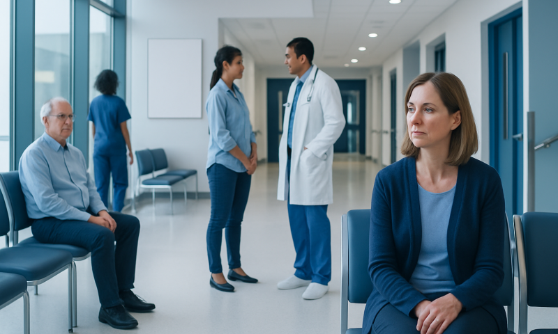 Patients and doctors in a modern hospital corridor.