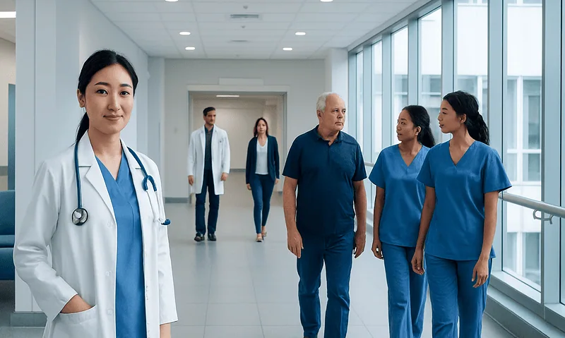 Medical team walking in hospital corridor at Acibadem Hospitals Group.