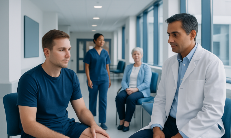 Doctor consulting young male patient in hospital corridor with staff and elderly woman.