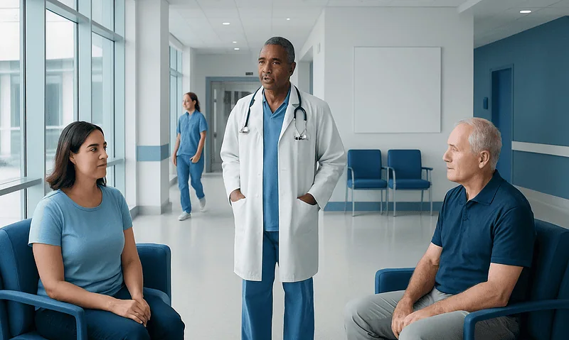 Doctor consulting with two patients in a hospital corridor.
