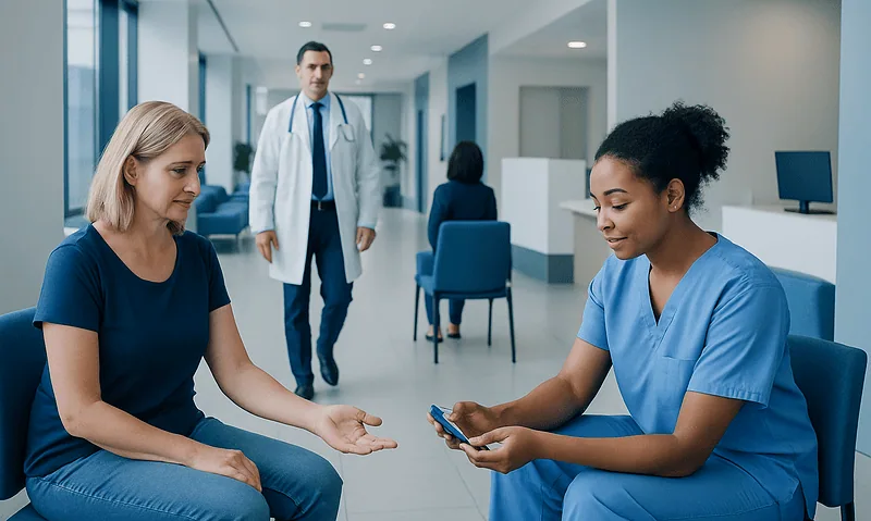 Patient consulting with nurse in hospital waiting area.