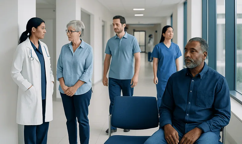 Patients and healthcare professionals in a hospital corridor.
