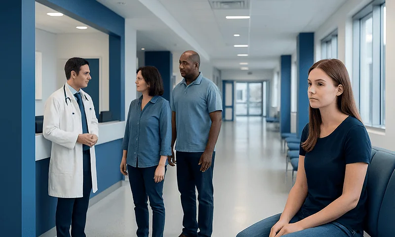 Fasting Glucose Blood Test: What Low and High Levels Mean — and What to Do Next 4 Patients waiting in a hospital corridor with a doctor consulting patients.