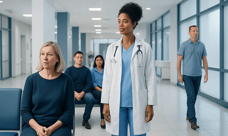 Medical professional with patients in a hospital corridor.
