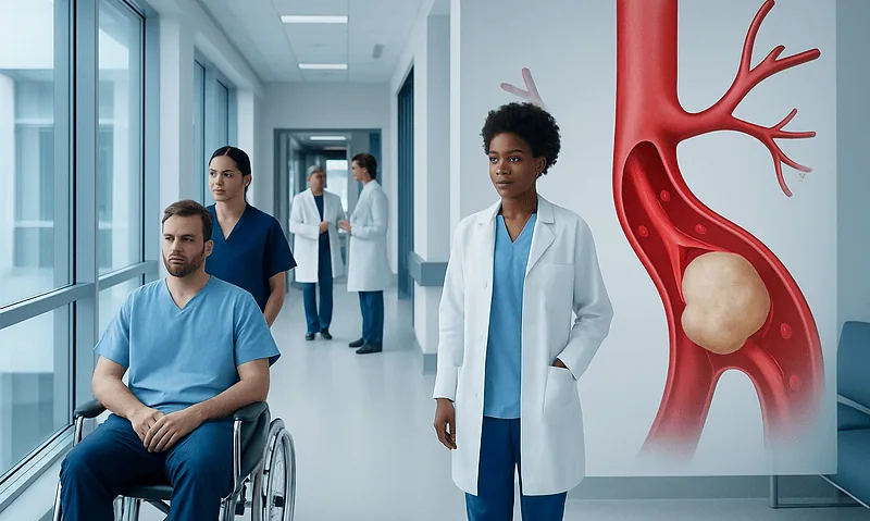Medical team discussing patient care in hospital corridor with a large artery model.