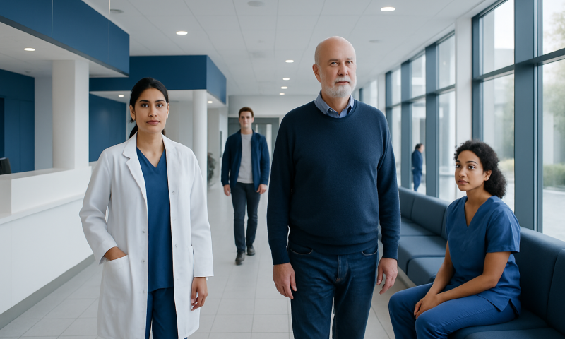 Medical team in hospital corridor with doctors and patient in blue scrubs.