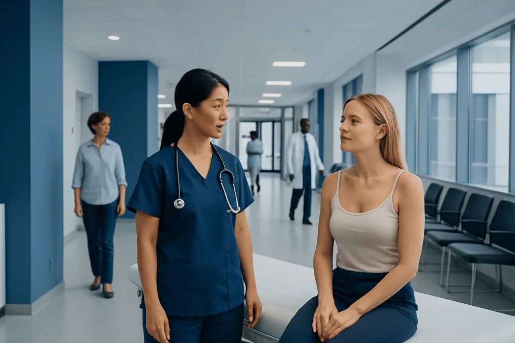 Fat Transfer Breast Augmentation: A Complete Clinical Guide for Patients 1 Medical consultation in hospital corridor with healthcare professionals and patient.