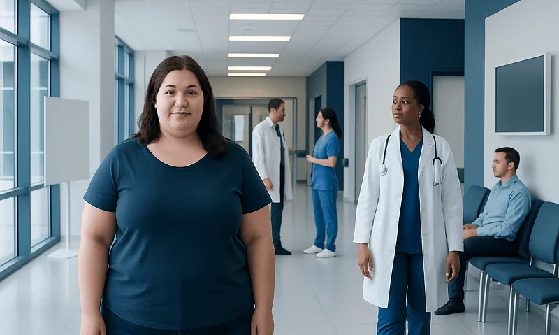 Patient in hospital corridor with medical staff and other patients.