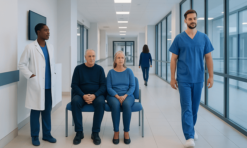Medical staff and patients in a hospital corridor at Acibadem Hospitals Group.