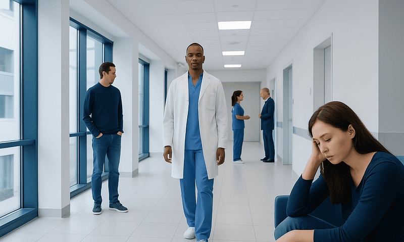 Hospital corridor with medical staff and a patient feeling fatigued.