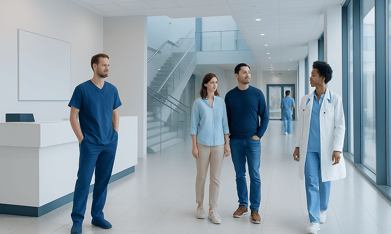 Healthcare professionals and patients in a modern hospital corridor.