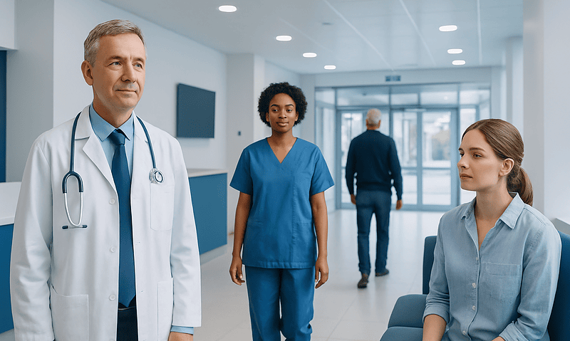 Medical team in hospital corridor with doctor and nurses.