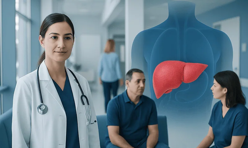 Medical consultation about liver health with a 3D liver model in the background.