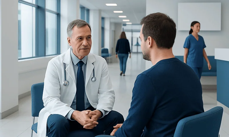 Doctor consulting with a patient in a modern hospital corridor.