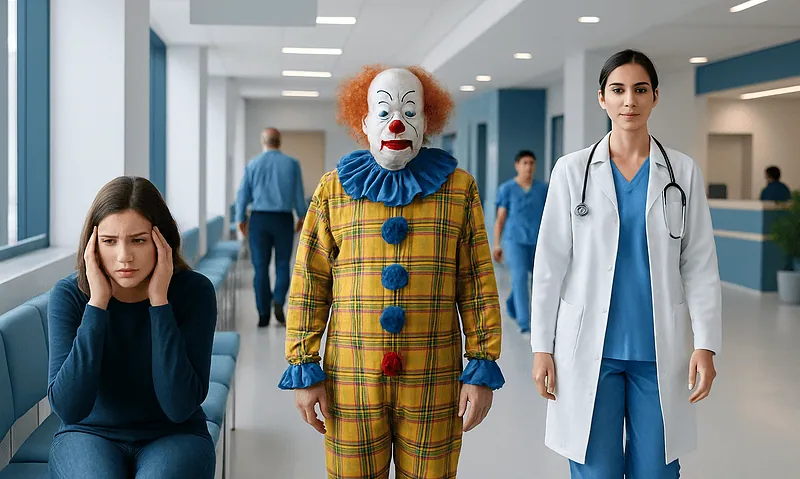 Patient distressed by clown in hospital corridor with medical staff nearby.