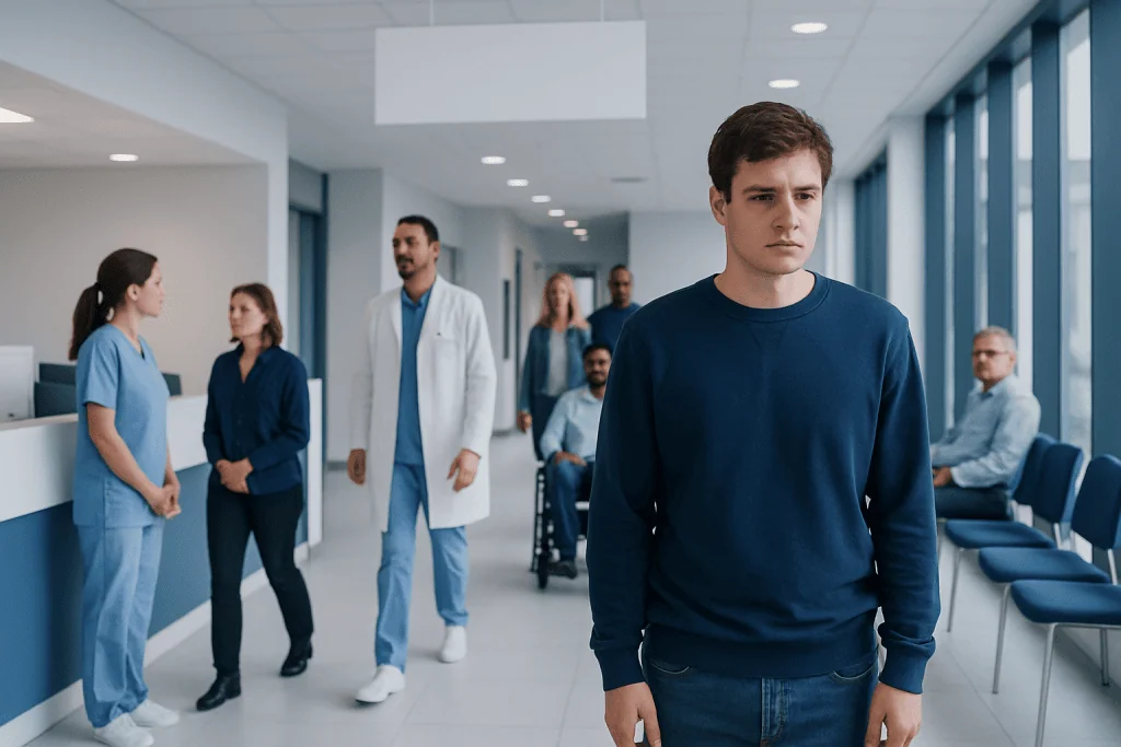 Fear of Crowds — Explained by Medical Evidence, Not Myths 1 Young man feeling anxious in a hospital corridor surrounded by medical staff and patients.