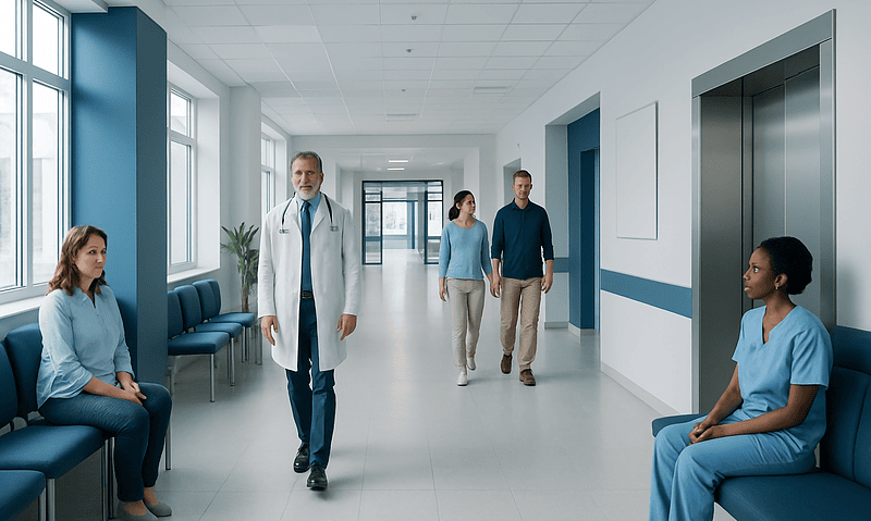 Medical professionals and patients in a modern hospital corridor.