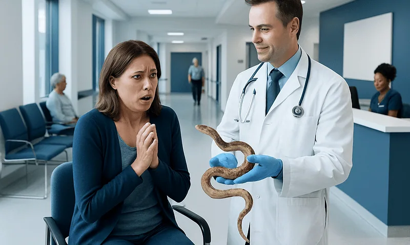 Doctor shows snake to worried woman in hospital corridor.