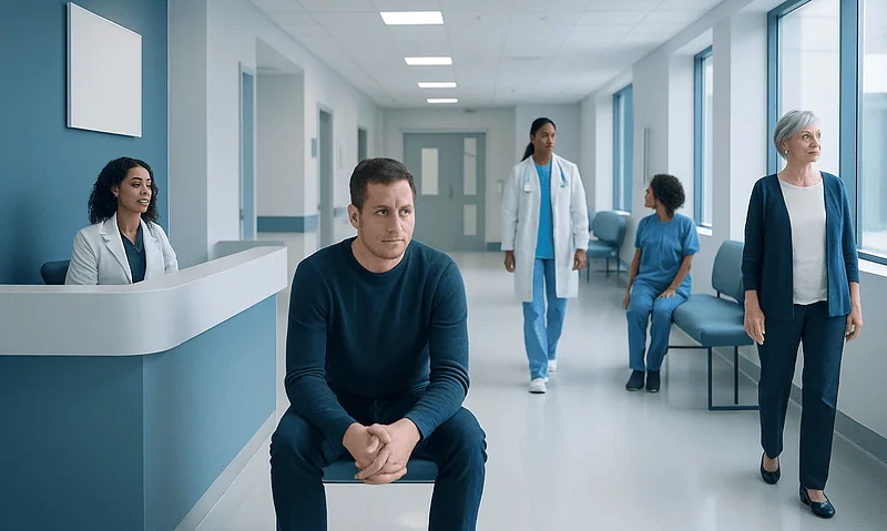 Patient waiting in hospital corridor with medical staff nearby.
