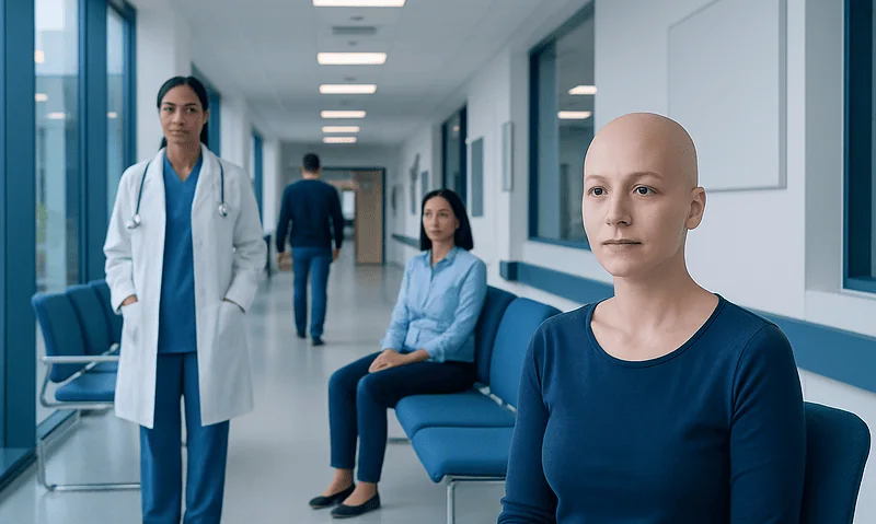How Is Female Baldness Treated? Options for Women 18 Bald woman in a medical clinic with healthcare professionals nearby.