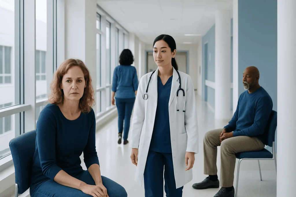 Female MS Symptoms: Possible Causes and When to Seek Care 1 Female patient consulting with doctor in hospital corridor.