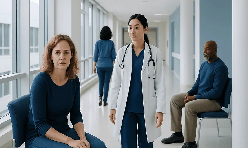 Female patient consulting with doctor in hospital corridor.
