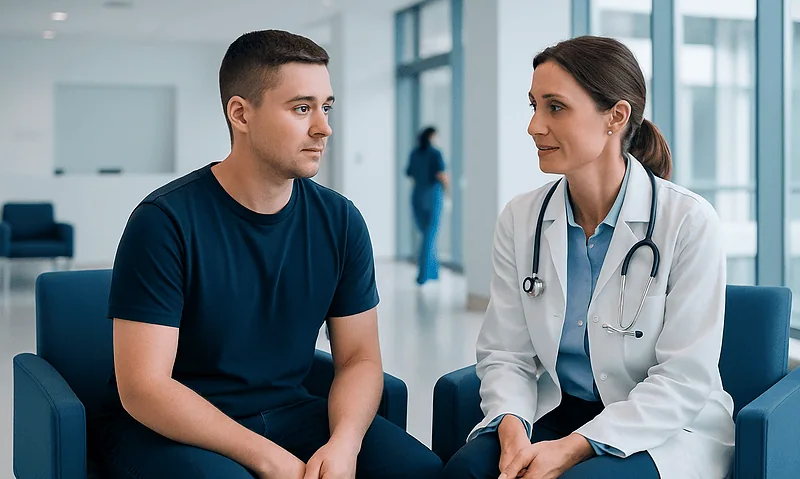 Patient consulting with doctor in hospital waiting area.