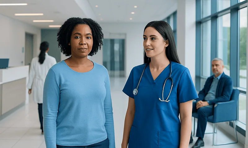 Healthcare professional and patient in a modern hospital corridor.