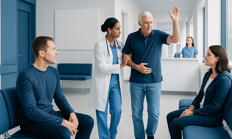 Doctor explaining medical procedure to patients in hospital corridor.
