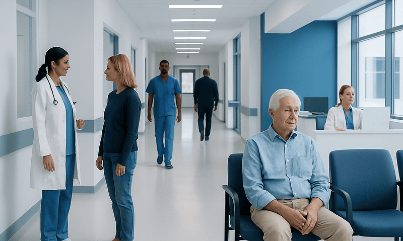 Hospital corridor with medical staff and patients in a modern healthcare facility.