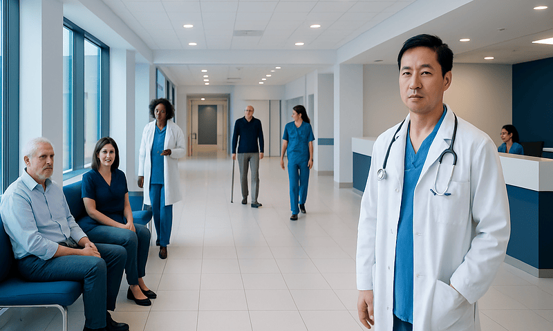 Medical team and patients in a modern hospital corridor.