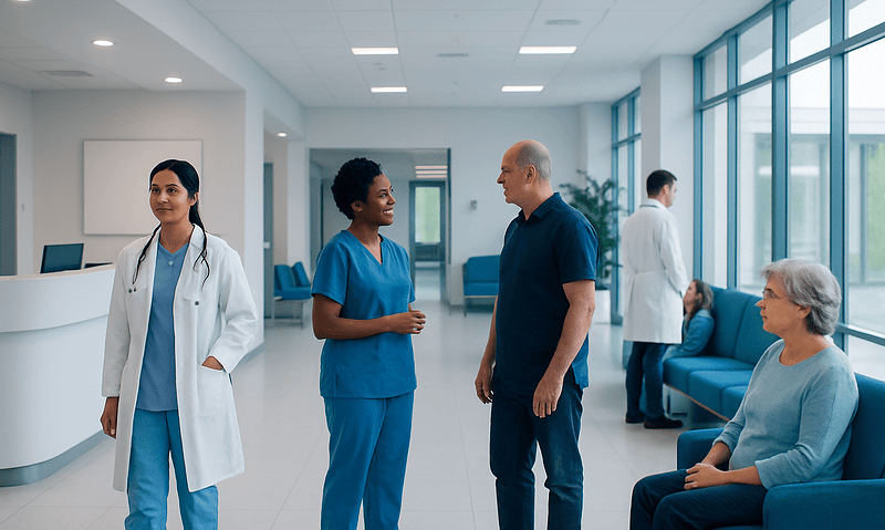 Hospital staff and patient in a modern healthcare facility.