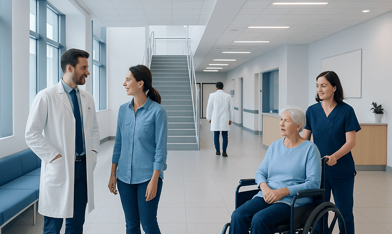 Medical team consulting with elderly patient in hospital corridor.