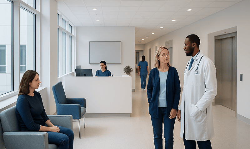 Doctor consulting with patient in hospital corridor with waiting area.