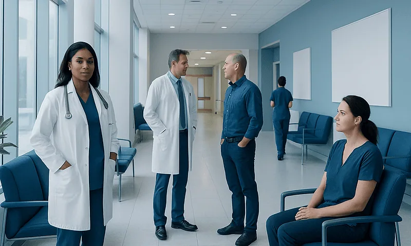 Medical professionals and patient in hospital corridor at Acibadem Hospitals Group.