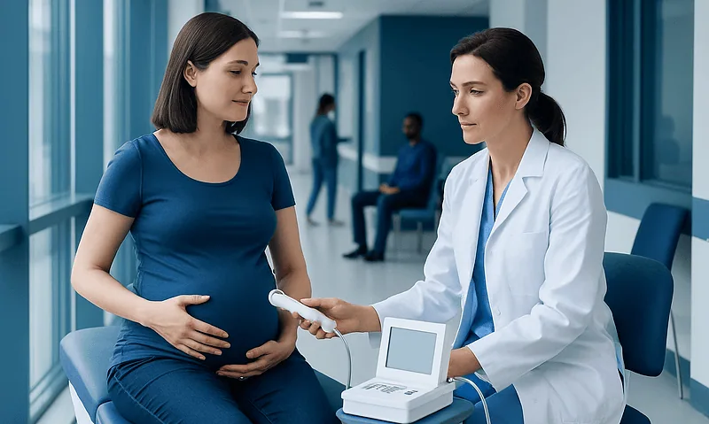 Pregnant woman undergoing fetal Doppler ultrasound at Acibadem Hospital.