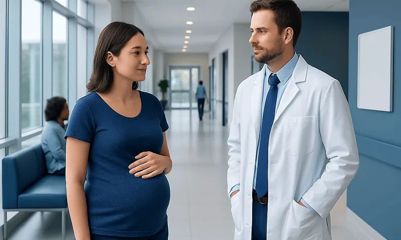 Fetal Fibronectin: What Patients Need to Know 5 Pregnant woman consulting with a doctor in a hospital corridor.