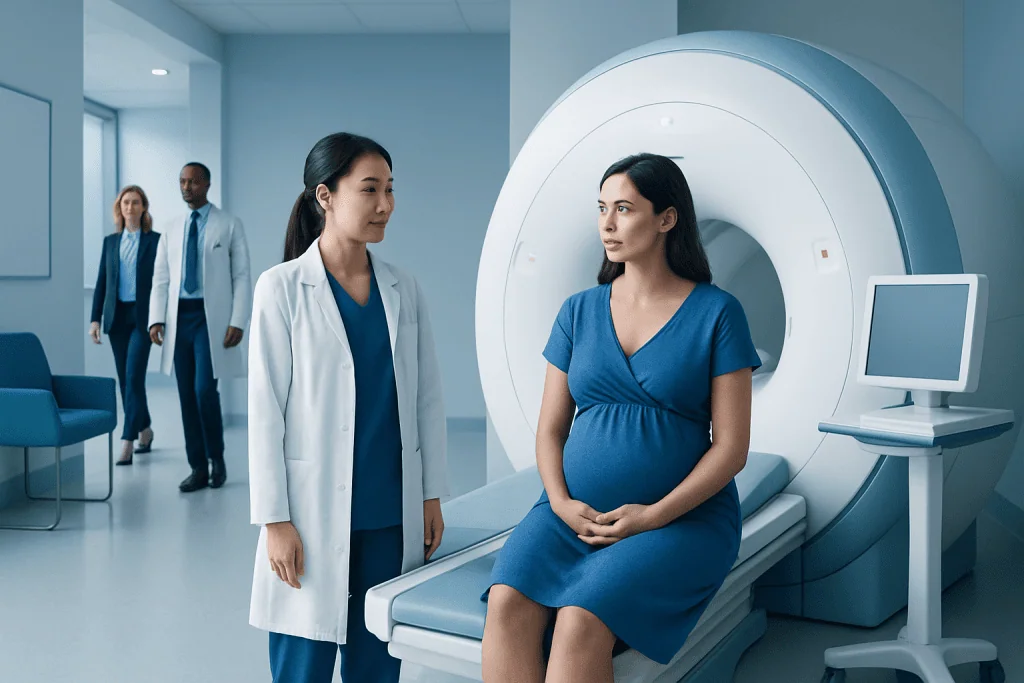 Fetal MRI: When It Is Recommended and What Parents Should Expect 1 Pregnant woman undergoing fetal MRI scan at Acibadem Hospital.