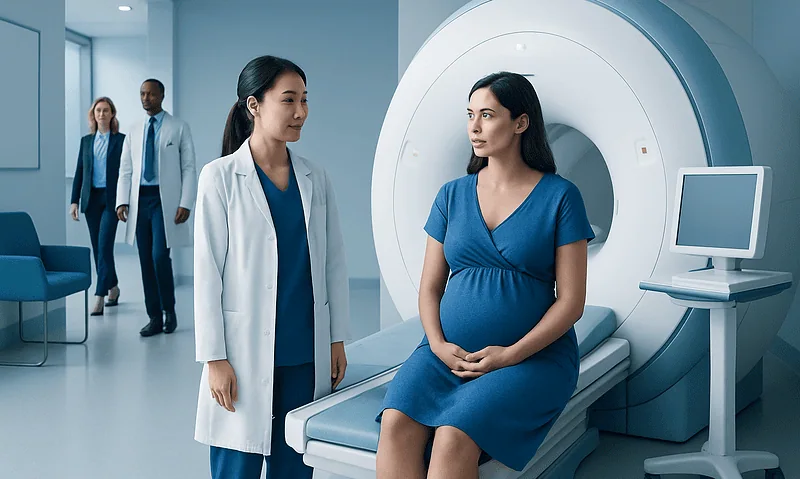 Pregnant woman undergoing fetal MRI scan at Acibadem Hospital.