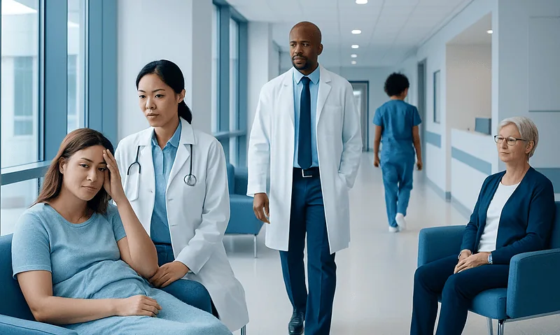Hospital waiting area with patients and medical staff in a modern healthcare facility.