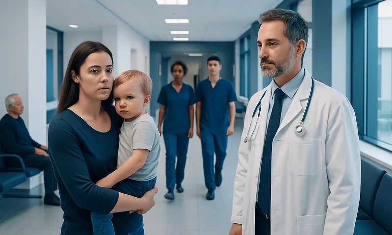 Mother with child consulting doctor in hospital corridor.