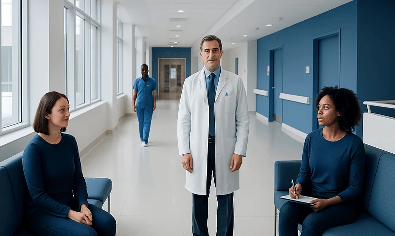 Medical consultation in a modern hospital corridor with doctor and patients.
