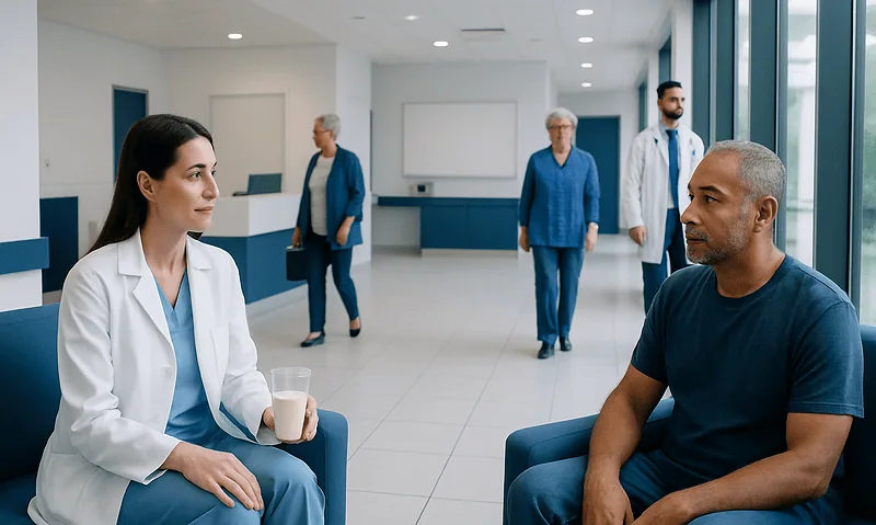 Doctor consulting patient in hospital lobby with staff in background.