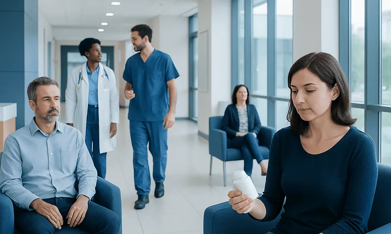 Patient waiting in hospital corridor with healthcare professionals nearby.