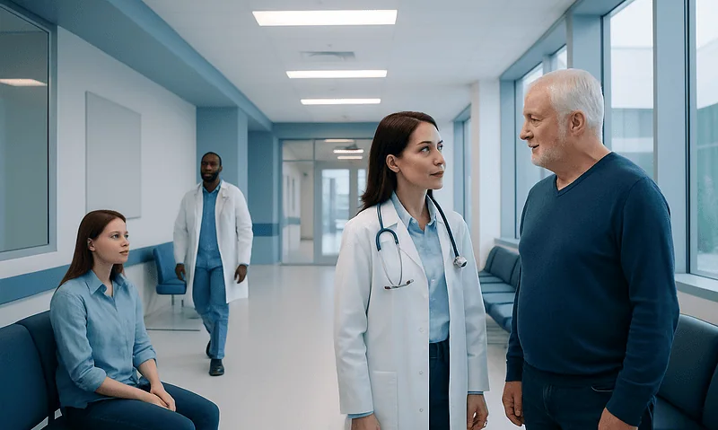 Medical professionals consulting with a patient in a hospital corridor.