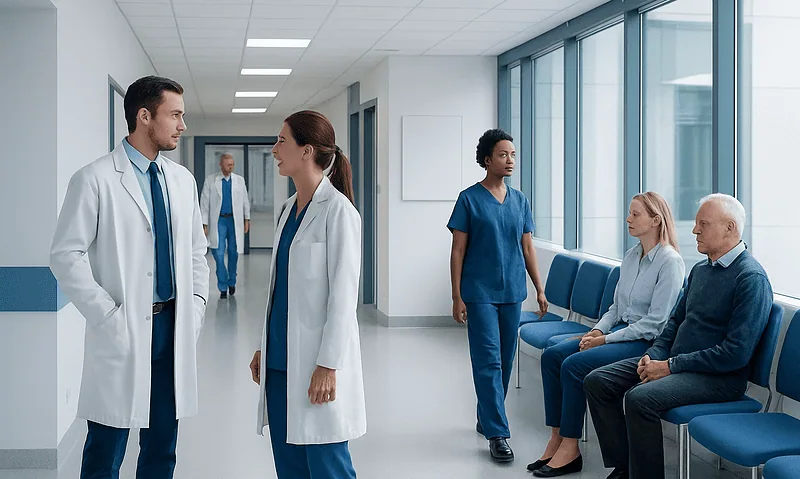 Medical professionals and patients in a hospital corridor at Acibadem Hospitals Group.