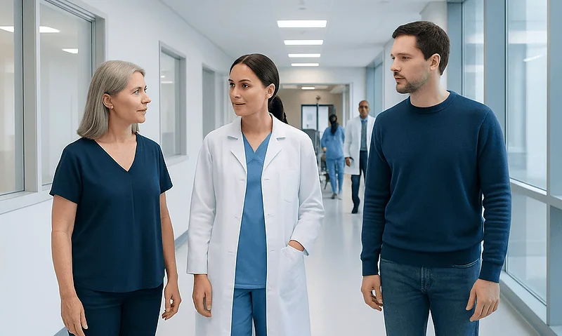 Medical professionals and a patient in a hospital corridor.