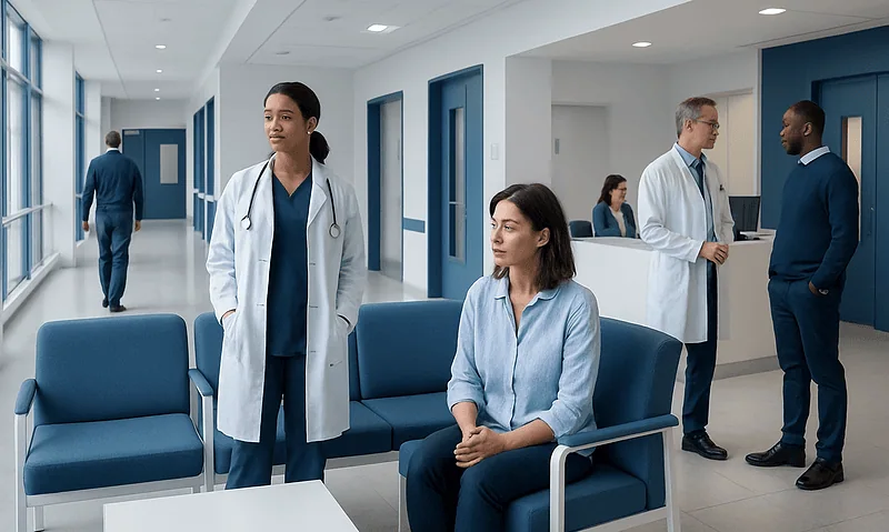 Medical staff and patients in a modern hospital corridor.