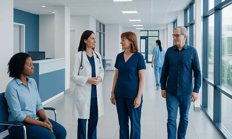 Medical team discussing patient care in hospital corridor.