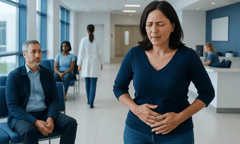Woman experiencing abdominal pain in a hospital waiting area.
